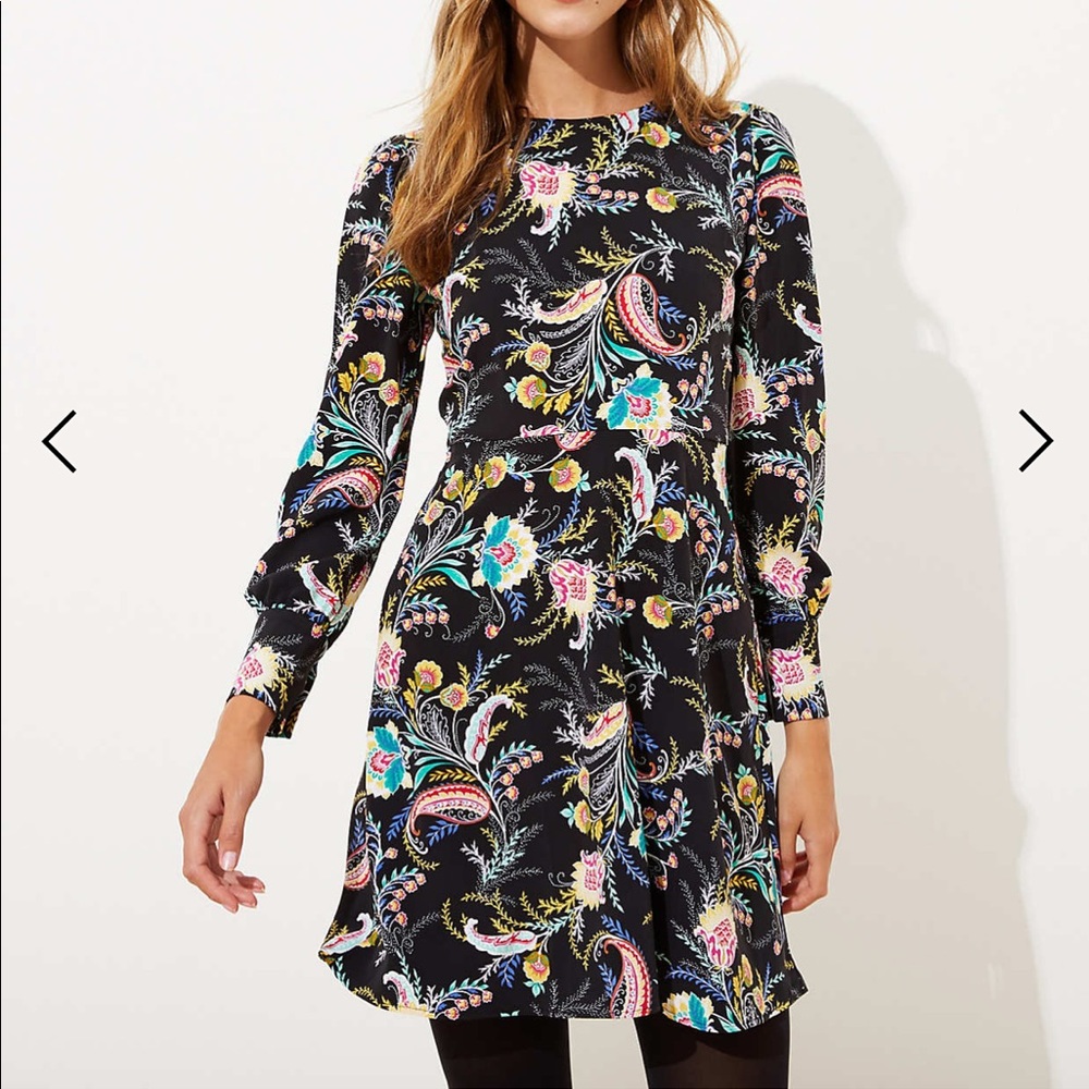 NWT Ann Taylor LOFT Black Paisley Floral Flare Dress size 0T 0 Tall